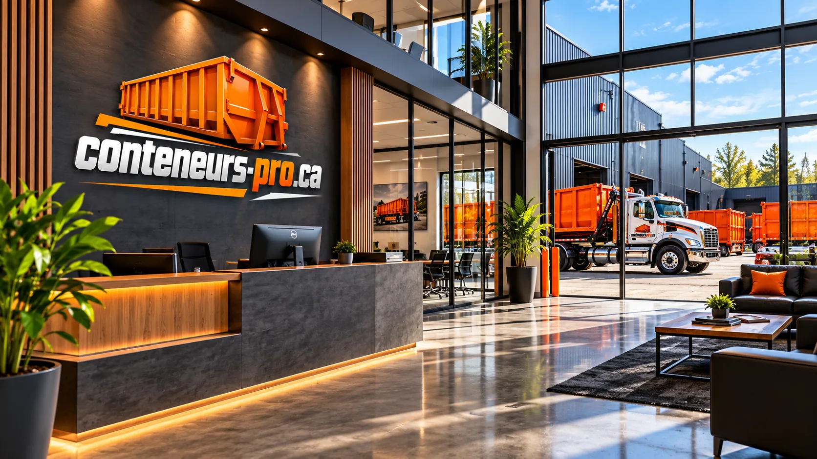 Accueil d'une entreprise de location de conteneurs, camion porte-conteneur et conteneurs orange visibles par la baie vitrée