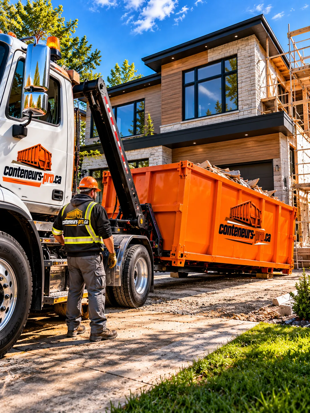 Camion porte-conteneur qui dépose un conteneur orange rempli de débris devant une maison en rénovation