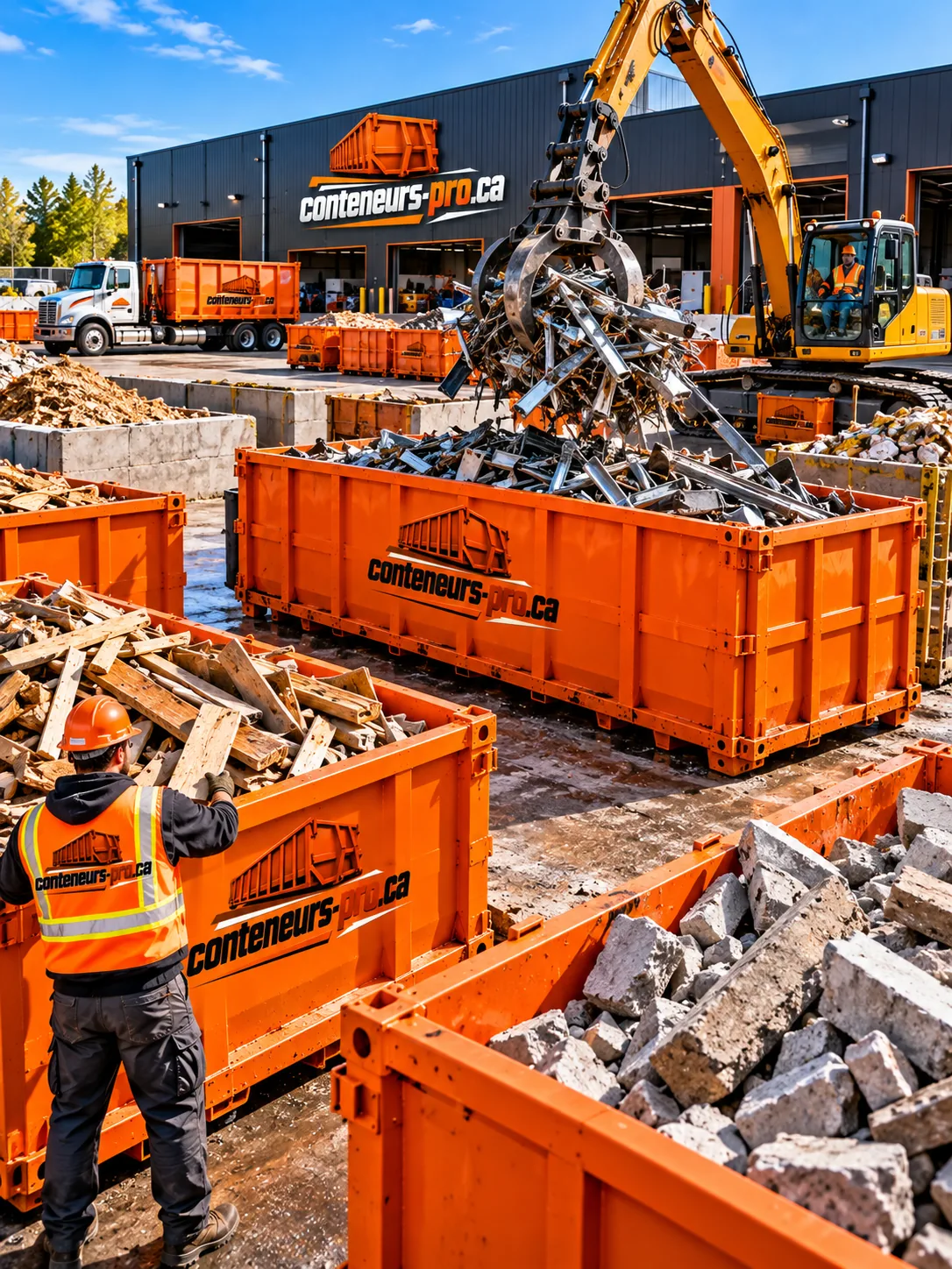 Conteneurs orange triés par matière, bois, métal et béton, dans une cour de récupération