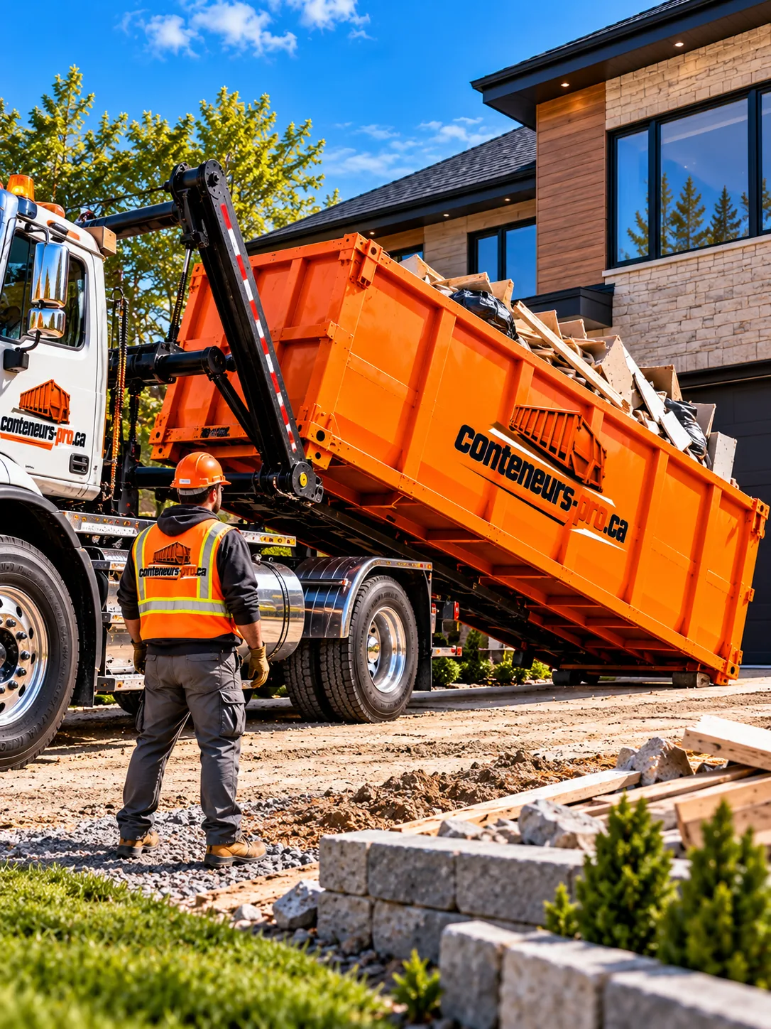 Camion qui charge un conteneur plein de matériaux de rénovation devant une maison